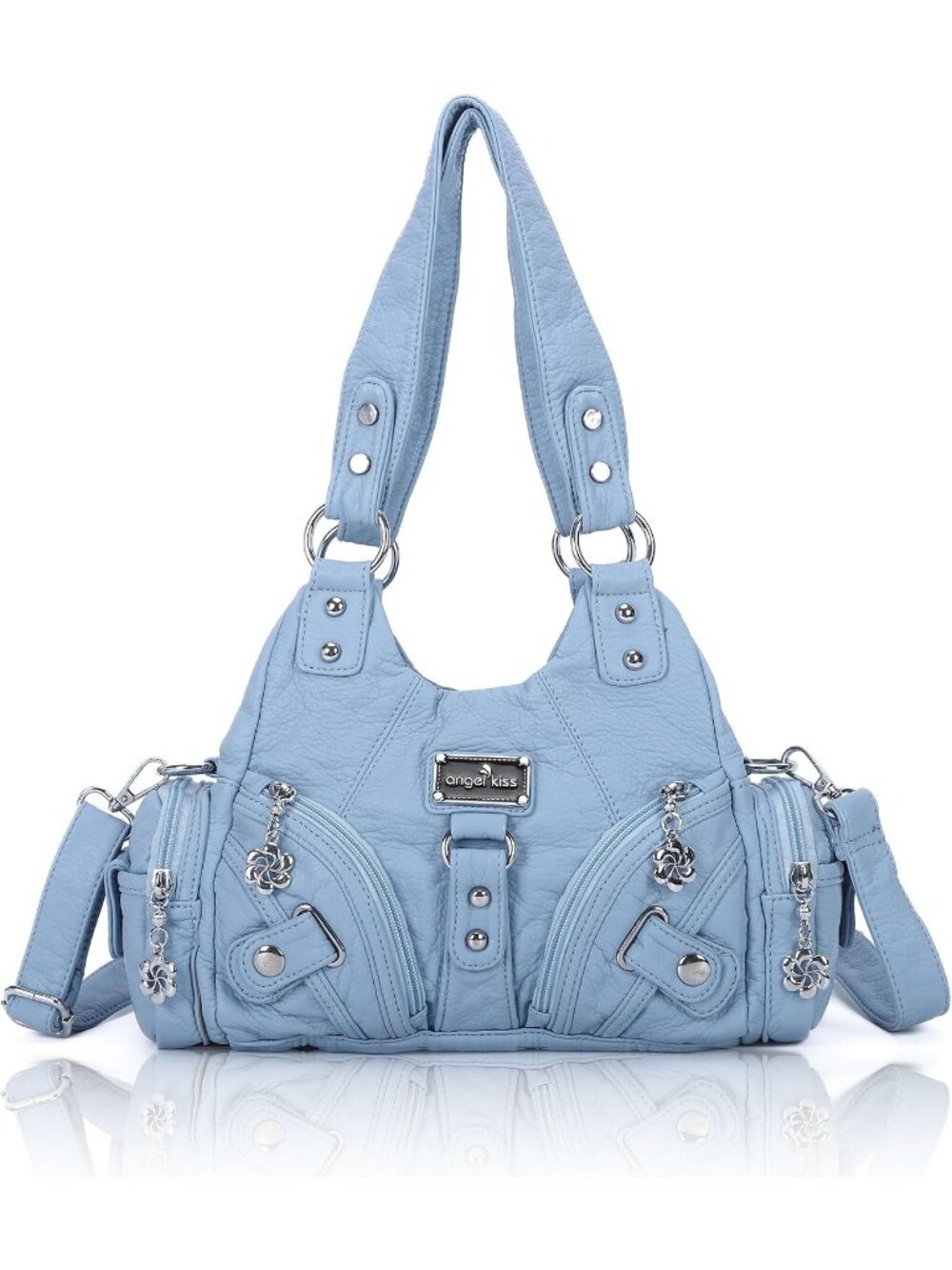 Women's Sky Blue Washed Vegan Leather Multi-Pocket Zip Crossbody Hobo Tote Bag